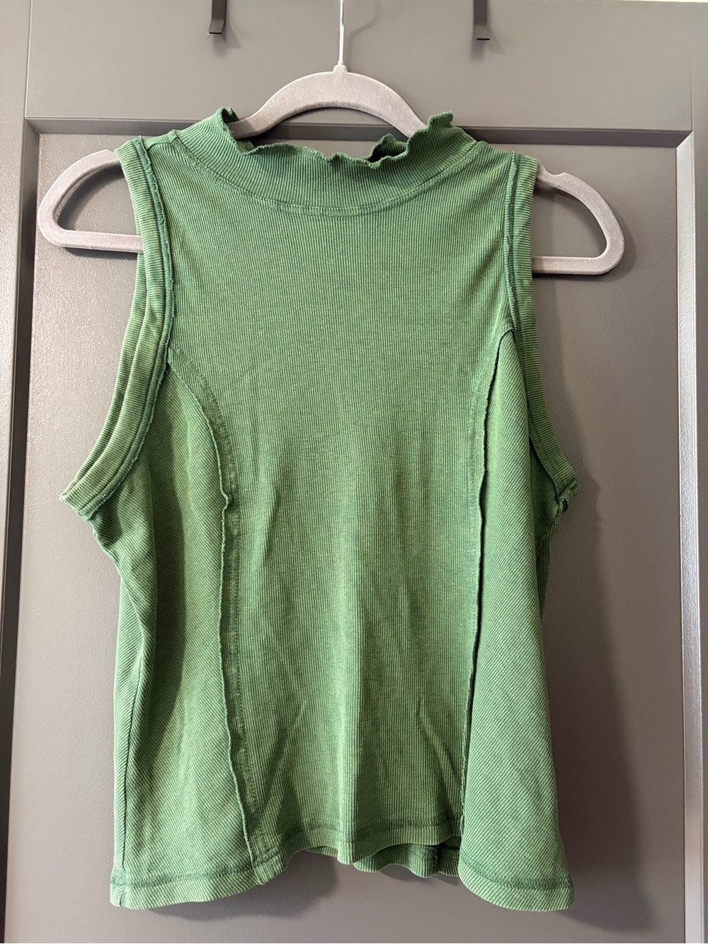 Pilcro (Anthropologie) - Green Ribbed Mock Neck Tank - Raw Edge Detail, Size L